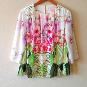 Floral Print White Blouse with Pink & Green Accents
